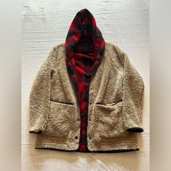 Eddie Bauer Womens Red Buffalo Plaid Reversible Fuzzy Hooded Jacket Sz M - Picture 4 of 7